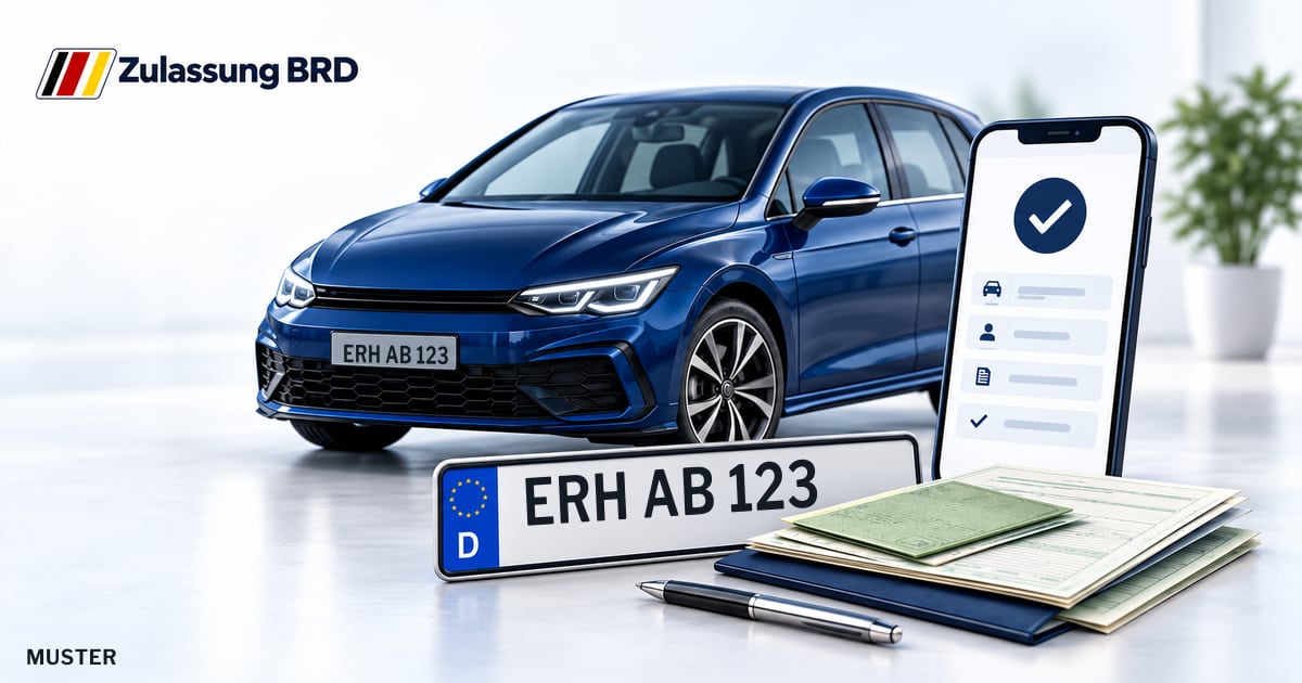 Online Fahrzeugzulassung in Eckental: Musterkennzeichen ERH AB 123, Auto und Fahrzeugpapiere und Smartphone. Illustration mit Logo von Zulassung BRD.